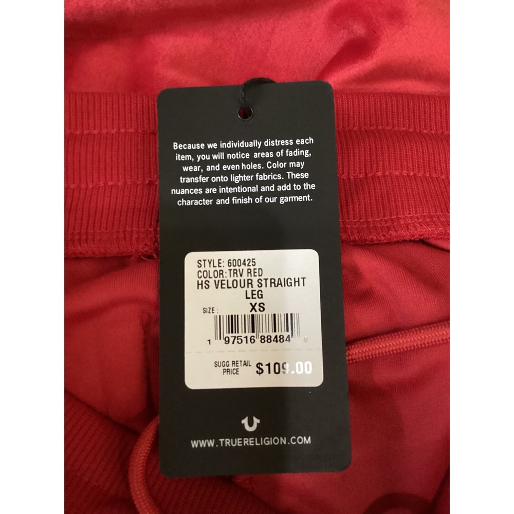 True Religion Womens Velour Straight Leg Sweatpants Red Rhinestone Logo XS New - Picture 7 of 7